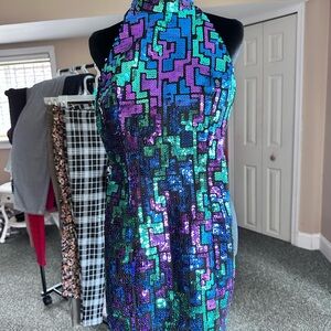 Backless Halter Sequin Dress in Iridescent Blue-Green-Purple
